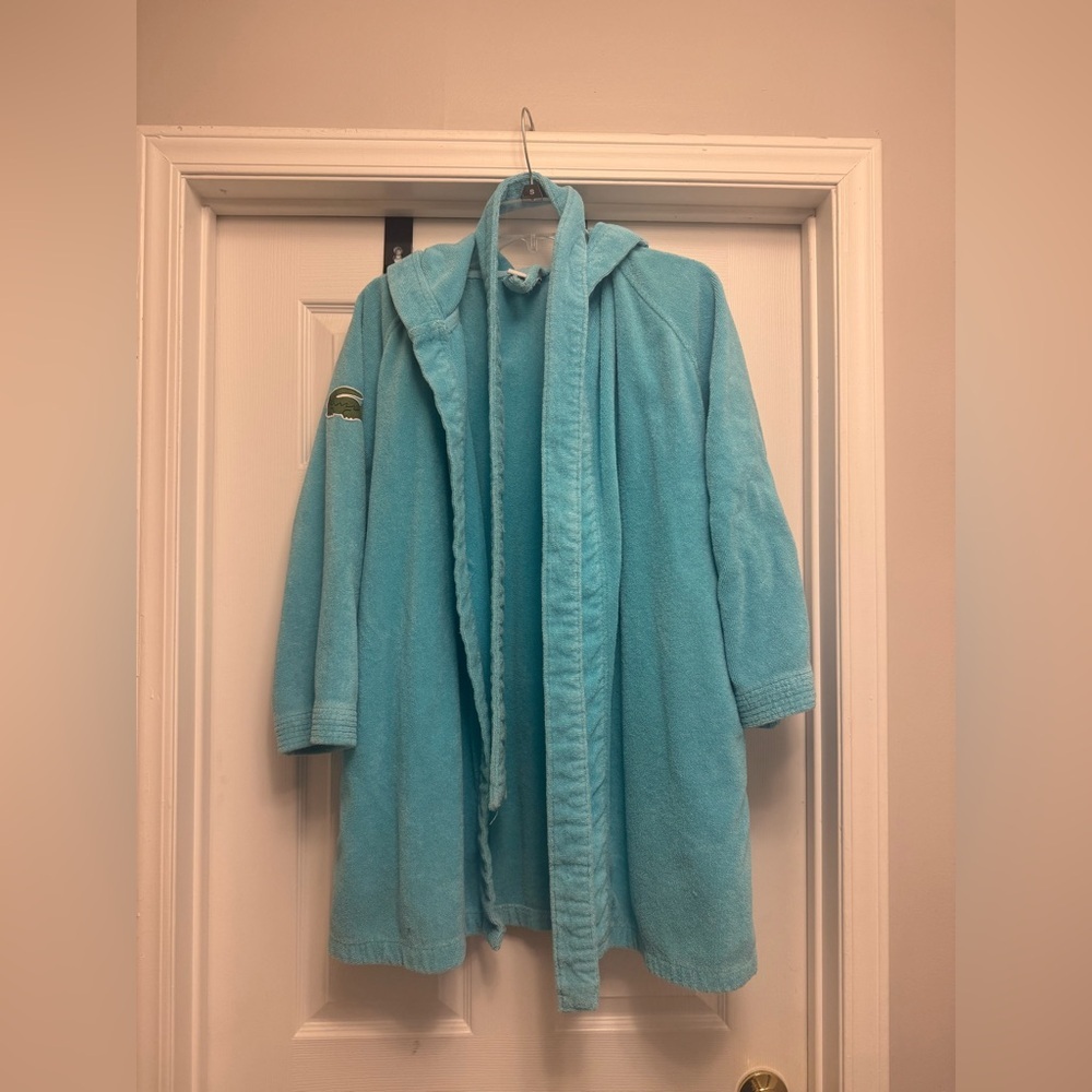 Lacoste Robe Women’s OS Aqua Teal Blue Terry Cloth Hooded Belted Crocodile Logo